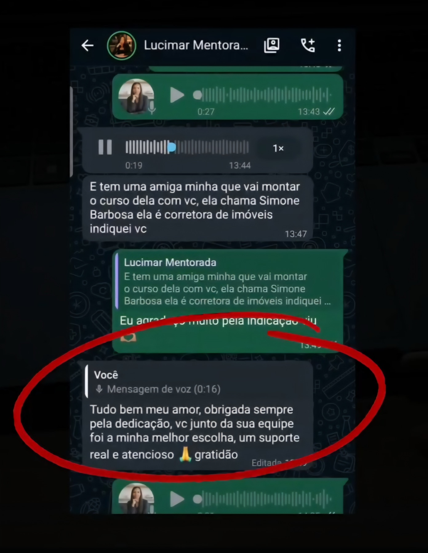 Suporte real e indicação, feedback real enviado por aluna