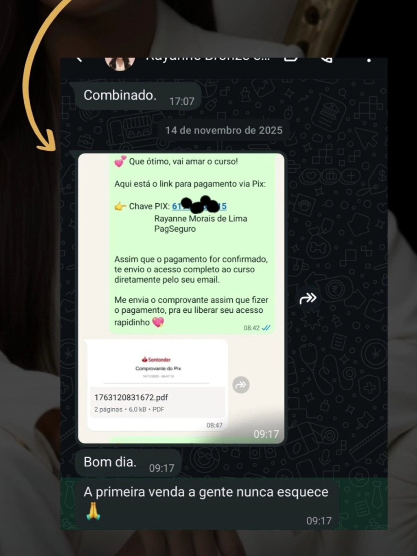 A primeira venda, feedback real enviado por aluna