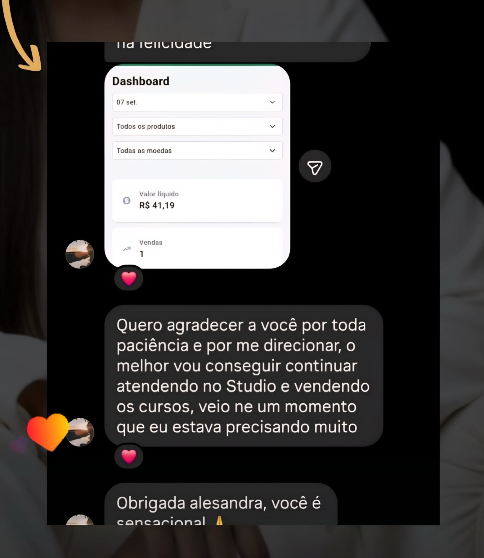 Direcionamento para continuar, feedback real enviado por aluna