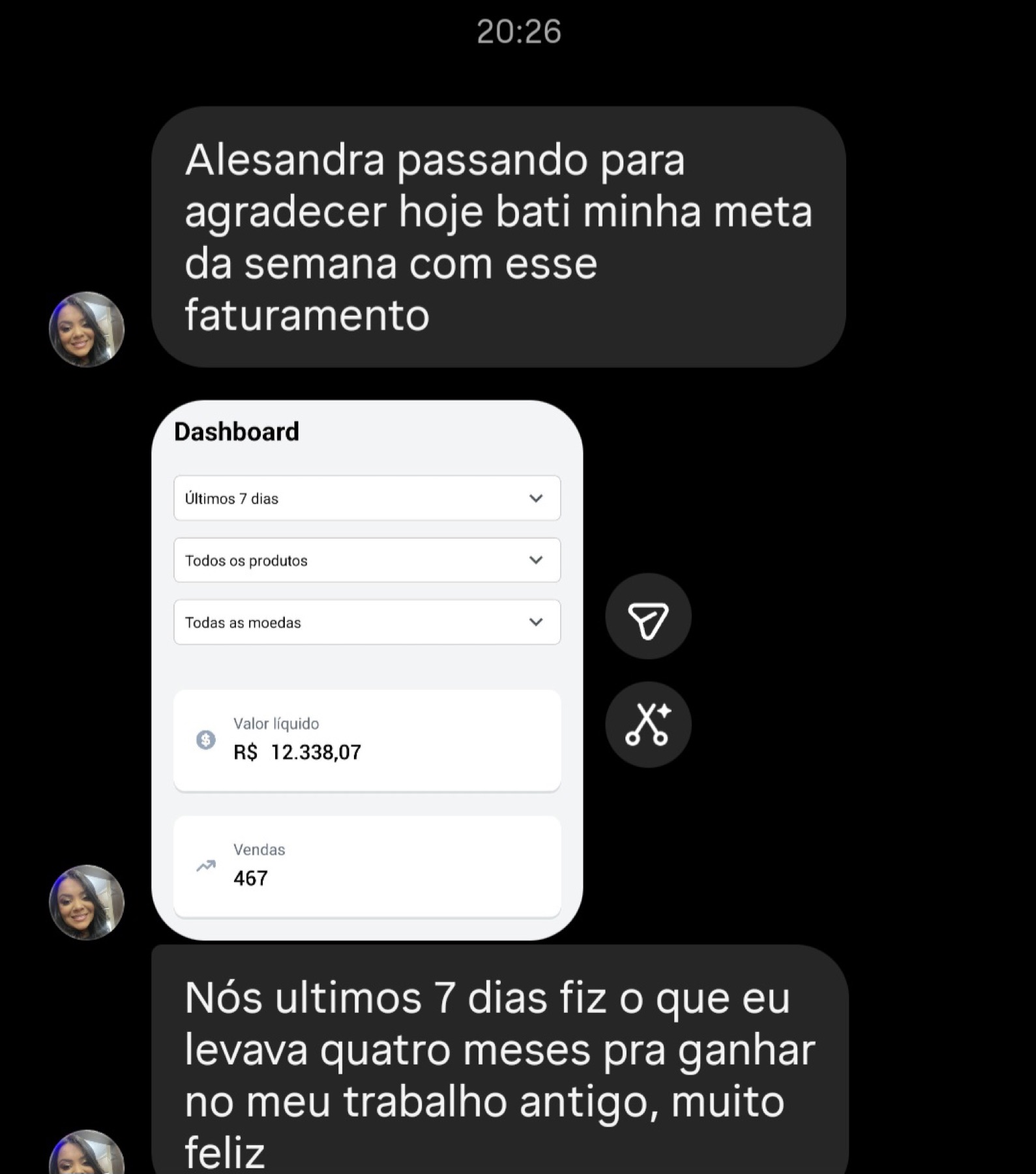 Primeiras vendas com o método, feedback real enviado por aluna